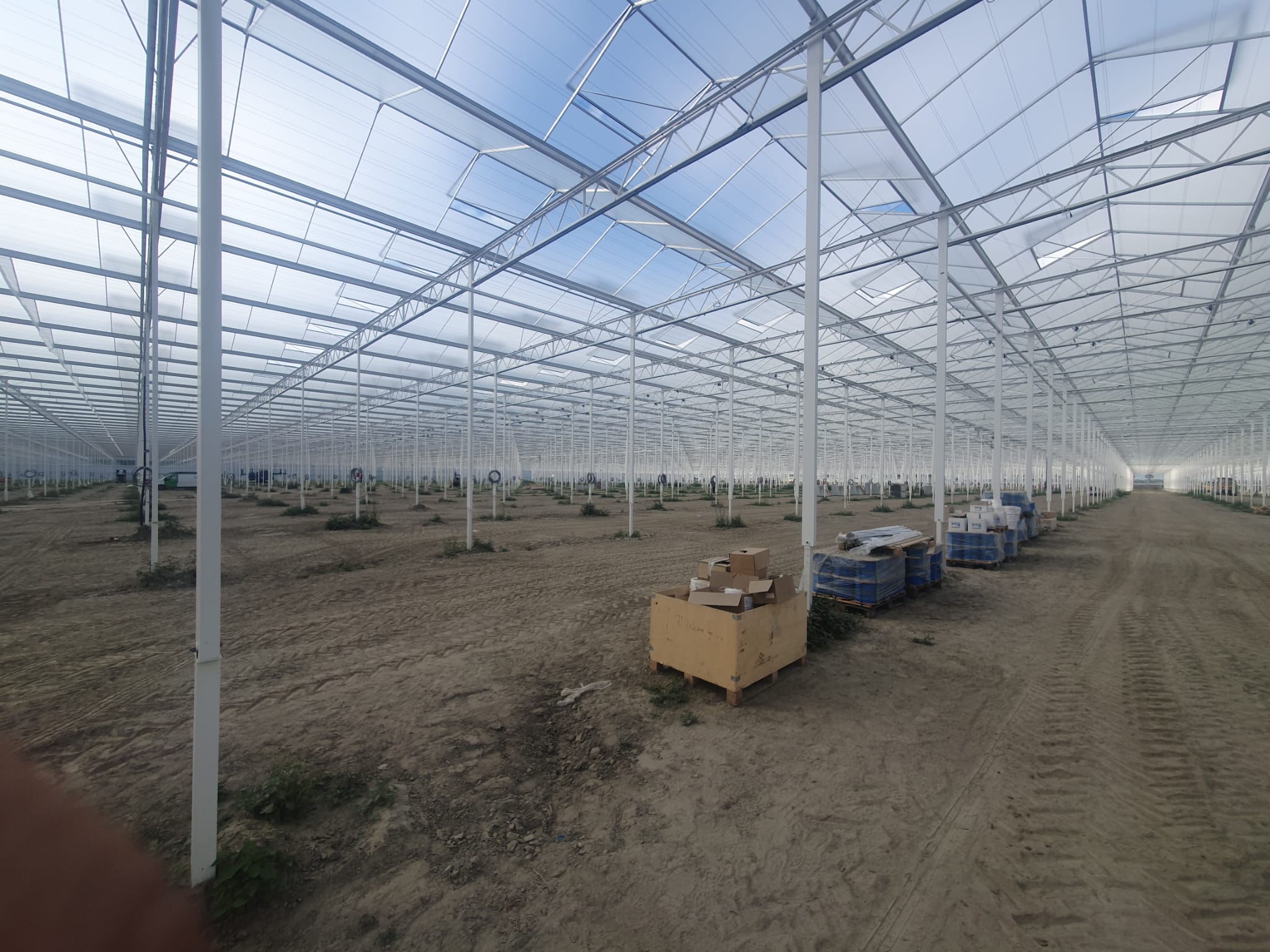 Horizontale scherminstallatie in moderne kas voor optimale lichtregeling en energiebesparing.